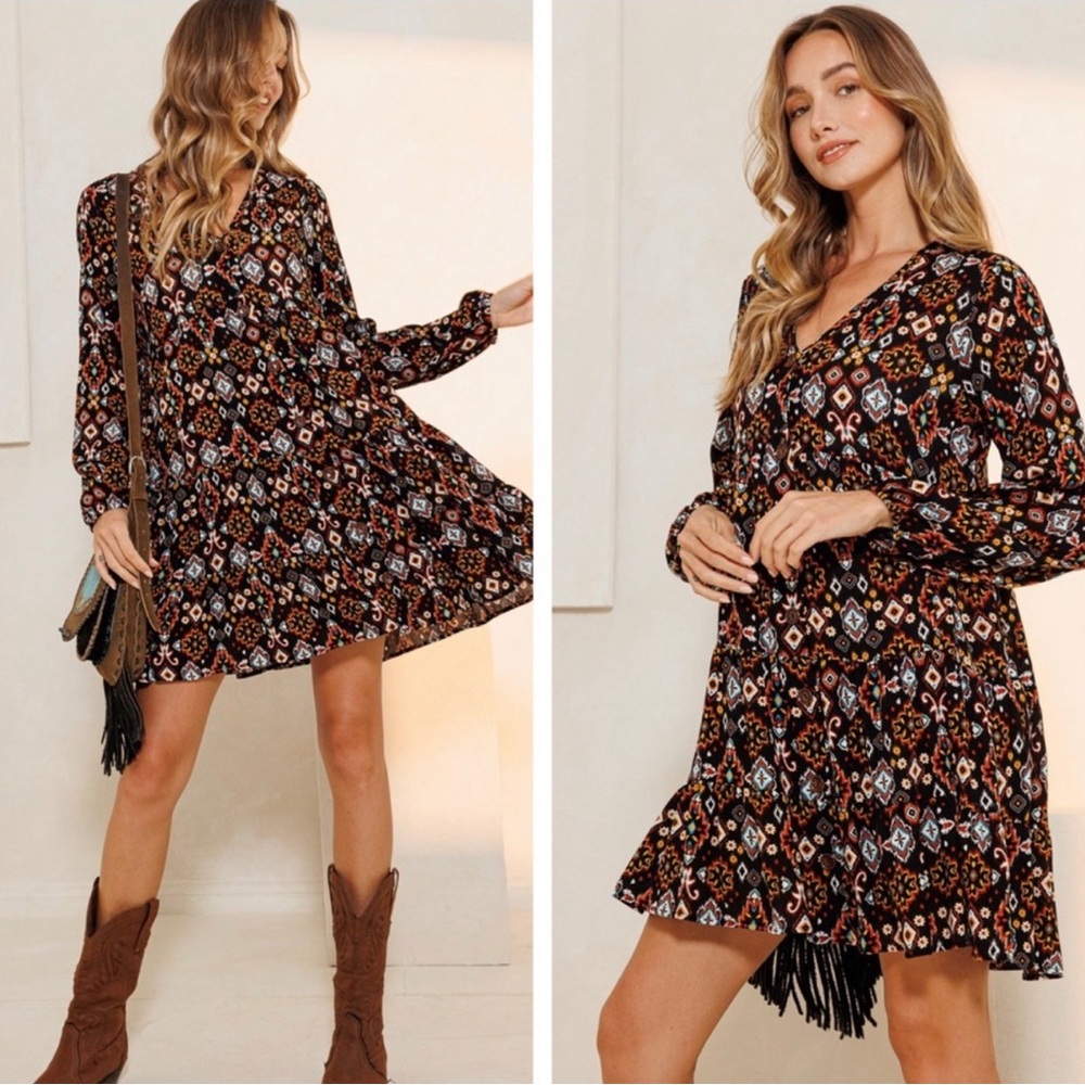 Bohemian Print Dress w/Ruffle Hem